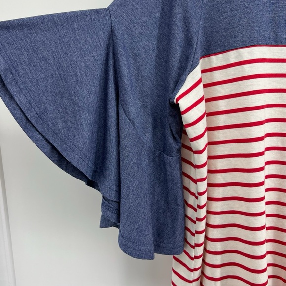 Umgee Sz Large Red White Blue Striped Shirt Pom Pom Tassel - Picture 5 of 8